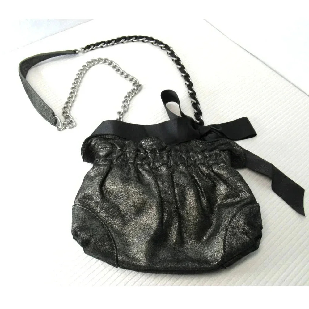 Ann Taylor LOFT Black Silver Leather Shoulder Bag Chain Strap Bow